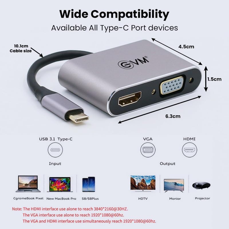 EVM 4-in-1 Type C Hub - HDMI+VGA Docking Station MultiPort with 4K HDMI, VGA, USB 3.0, PD Charging - Plug & Play Accessory for Laptop & Mobile - Silver Grey - 3 Years Warranty (EVMCHV) - Image 4