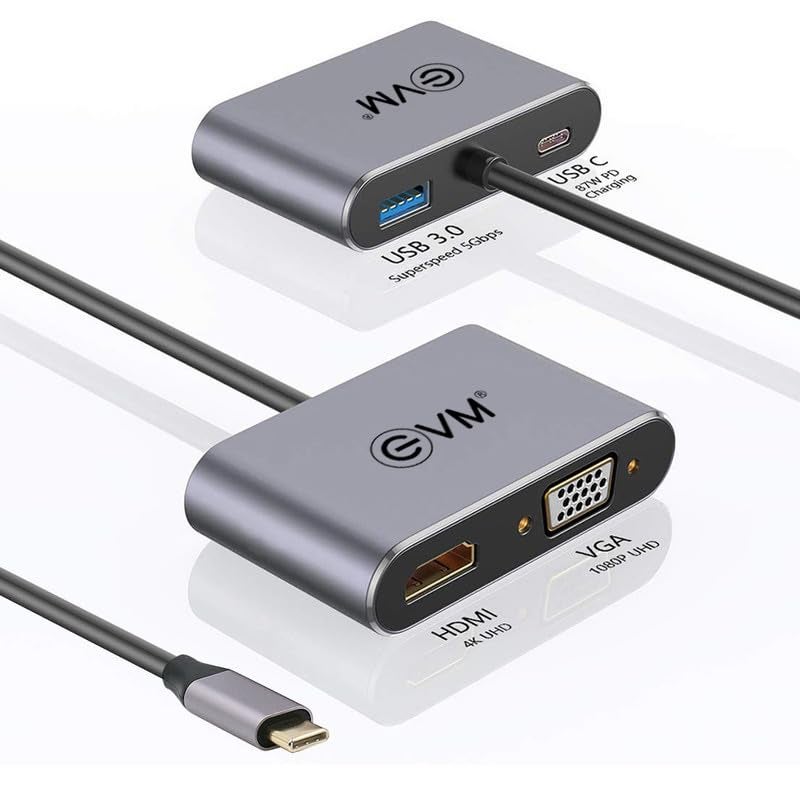 EVM 4-in-1 Type C Hub - HDMI+VGA Docking Station MultiPort with 4K HDMI, VGA, USB 3.0, PD Charging - Plug & Play Accessory for Laptop & Mobile - Silver Grey - 3 Years Warranty (EVMCHV) - Image 1