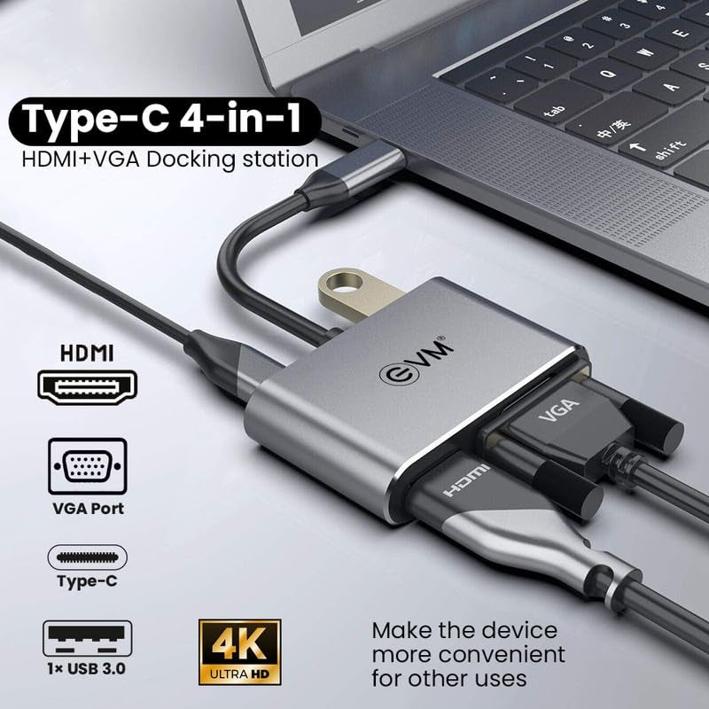 EVM 4-in-1 Type C Hub - HDMI+VGA Docking Station MultiPort with 4K HDMI, VGA, USB 3.0, PD Charging - Plug & Play Accessory for Laptop & Mobile - Silver Grey - 3 Years Warranty (EVMCHV) - Image 2