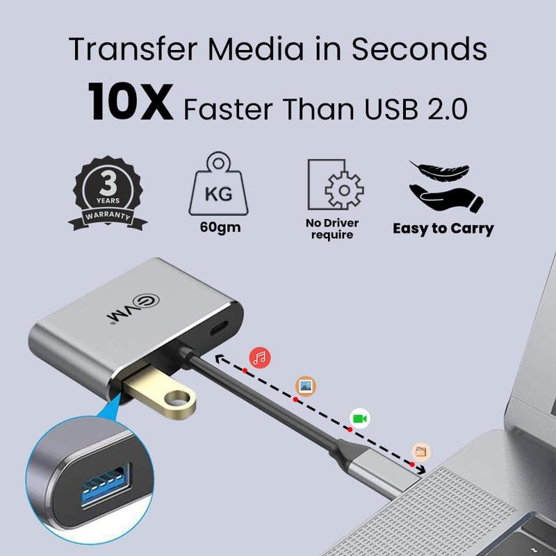 EVM 4-in-1 Type C Hub - HDMI+VGA Docking Station MultiPort with 4K HDMI, VGA, USB 3.0, PD Charging - Plug & Play Accessory for Laptop & Mobile - Silver Grey - 3 Years Warranty (EVMCHV) - Image 3