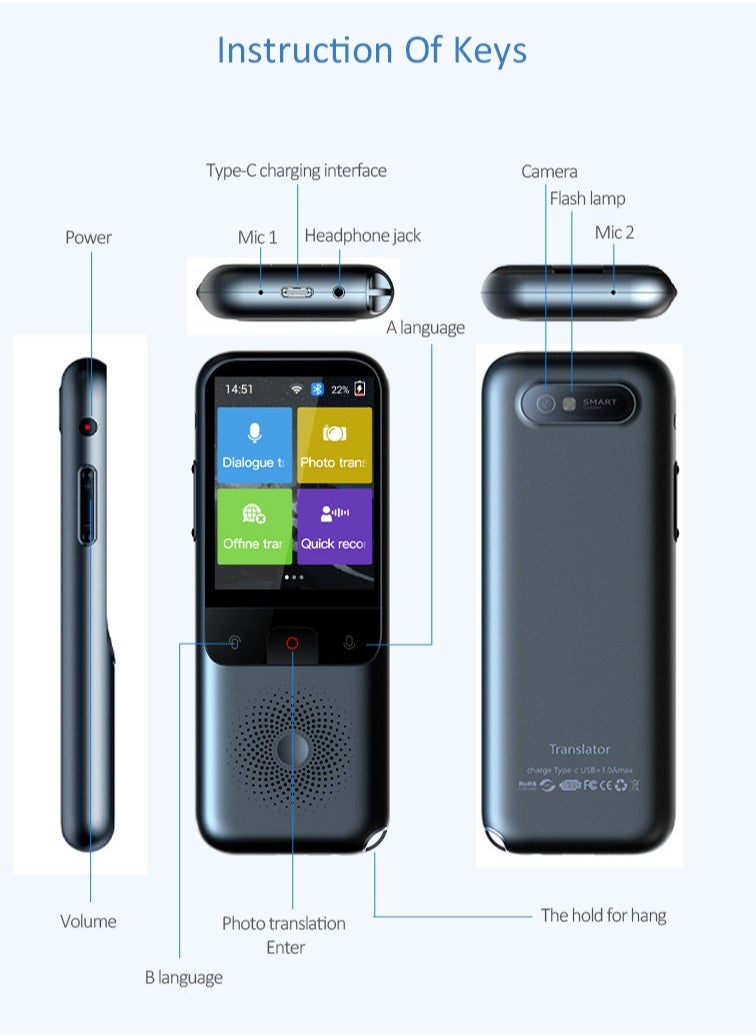Gasin - 134 Languages Pocket Translator - 2.4 Inch IPS Touchscreen, Smart Voice Translator for Meeting Learning Travel Business, Noise Cancelling Microphones, 1500mAh Ultra Long Standby - Image 1