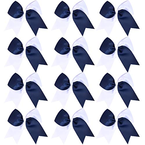 DEEKA 12PCS 8 Two Toned Large Cheer Hair Bows Ponytail Holder Handmade for Teen Girls Softball Cheerleader SportsNavy BlueWhite - Image 2
