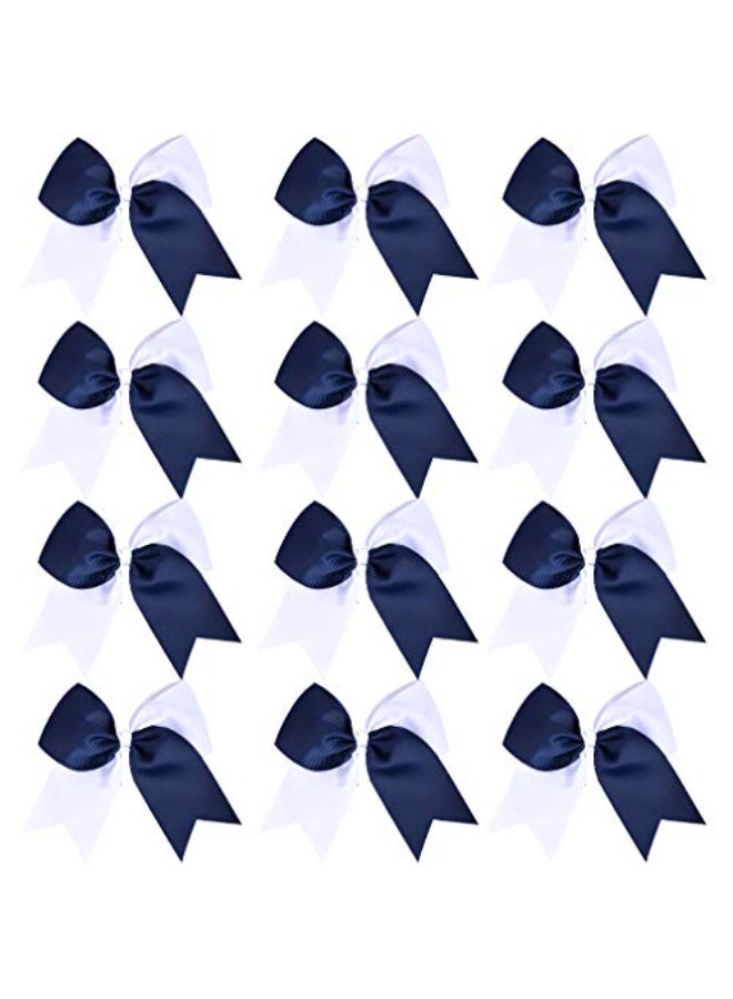 DEEKA 12PCS 8 Two Toned Large Cheer Hair Bows Ponytail Holder Handmade for Teen Girls Softball Cheerleader SportsNavy BlueWhite - Image 1