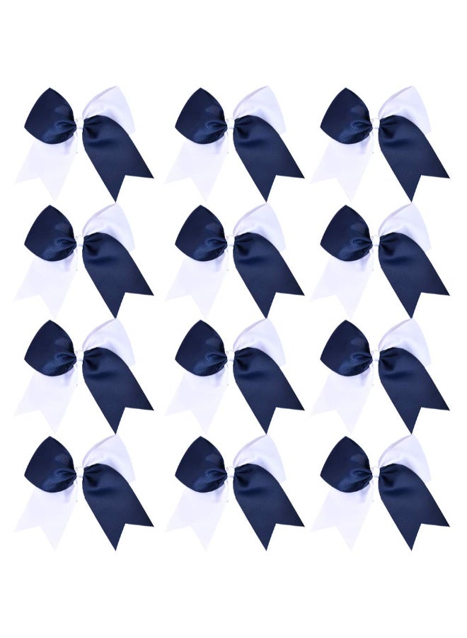 DEEKA 12PCS 8 Two Toned Large Cheer Hair Bows Ponytail Holder Handmade for Teen Girls Softball Cheerleader SportsNavy BlueWhite - Image 3