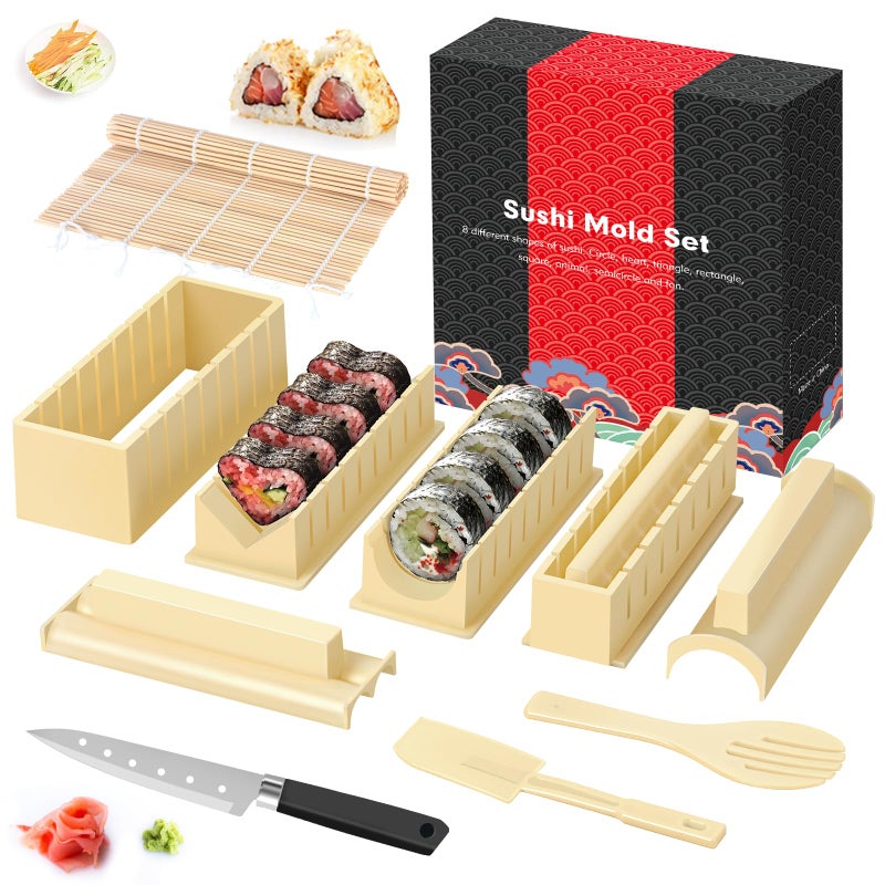 HI NINGER Sushi Making Kit Deluxe Edition Heart Sushi Mold Press with 8 Sushi Rice Roll Mold Shapes 1 Fork 1 Spatula 1 Sushi Knife Complete Sushi Maker Kit 12PCS DIY Home Sushi Tool