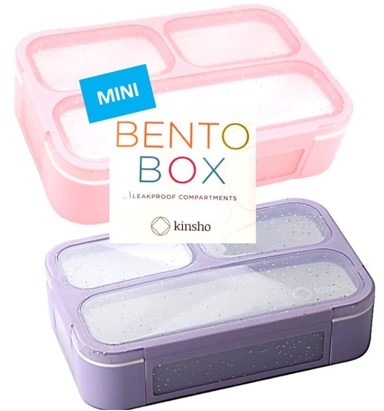 Kinsho Kids Glitter Snack Container - Mini Bento Lunch-Box, Small Leakproof Container Boxes for Toddlers Girls Snacks Lunches, 3 Compartment - School Daycare Portion Containers, Pink Purple Sparkle Set of 2 - Image 1