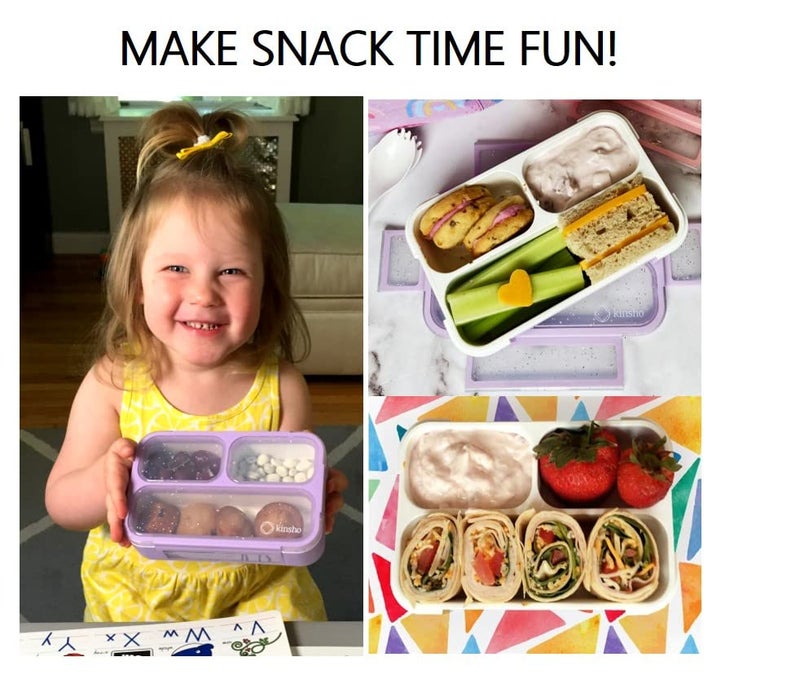 Kinsho Kids Glitter Snack Container - Mini Bento Lunch-Box, Small Leakproof Container Boxes for Toddlers Girls Snacks Lunches, 3 Compartment - School Daycare Portion Containers, Pink Purple Sparkle Set of 2 - Image 5