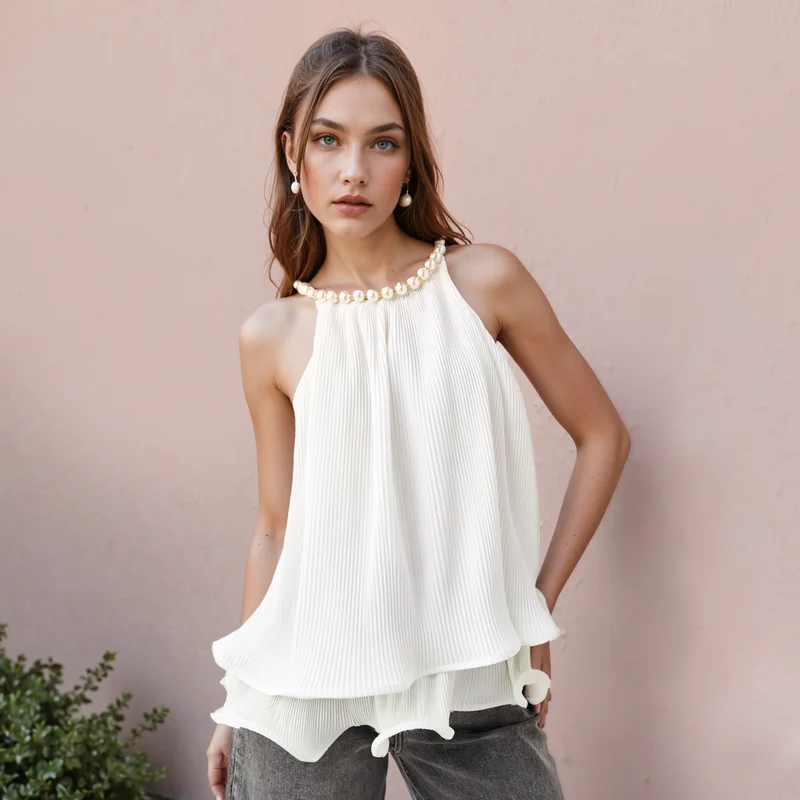 2Xtremz 2Xtremz Pearl Accent Halter Neck Sleeveless Top