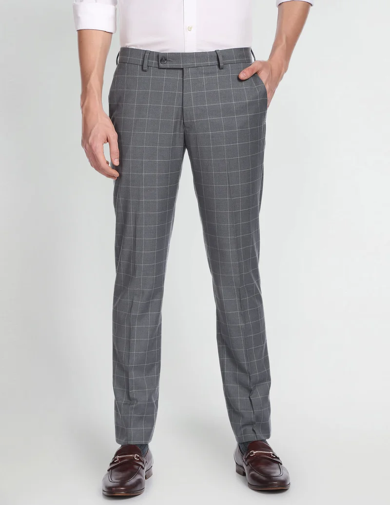 Arrow Light Grey Windowpane Check Smart Flex Formal Trousers for Men | Best Price UAE