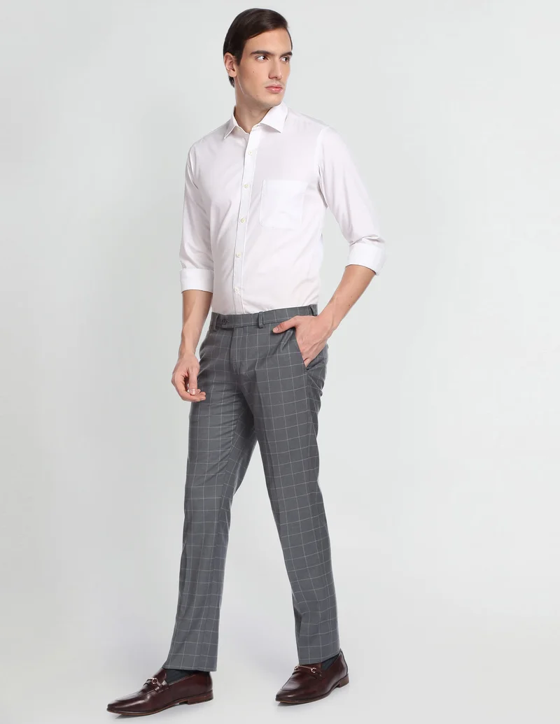 Arrow Light Grey Windowpane Check Smart Flex Formal Trousers for Men | Best Price UAE