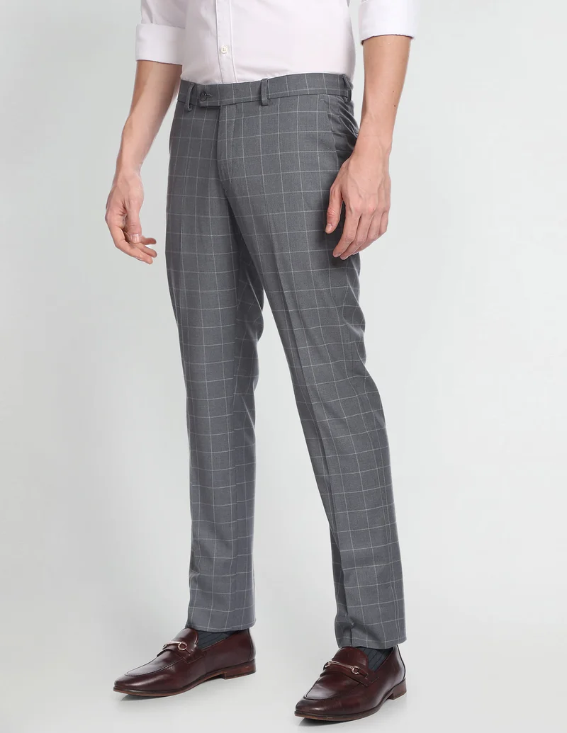 Arrow Light Grey Windowpane Check Smart Flex Formal Trousers for Men | Best Price UAE