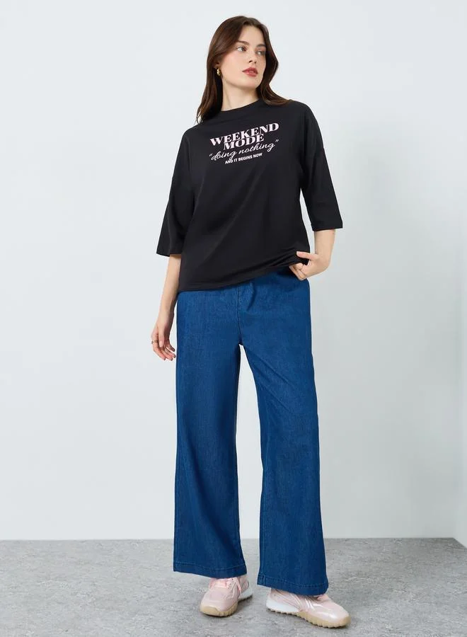 Styli Women Black Slogan Print T-Shirt
