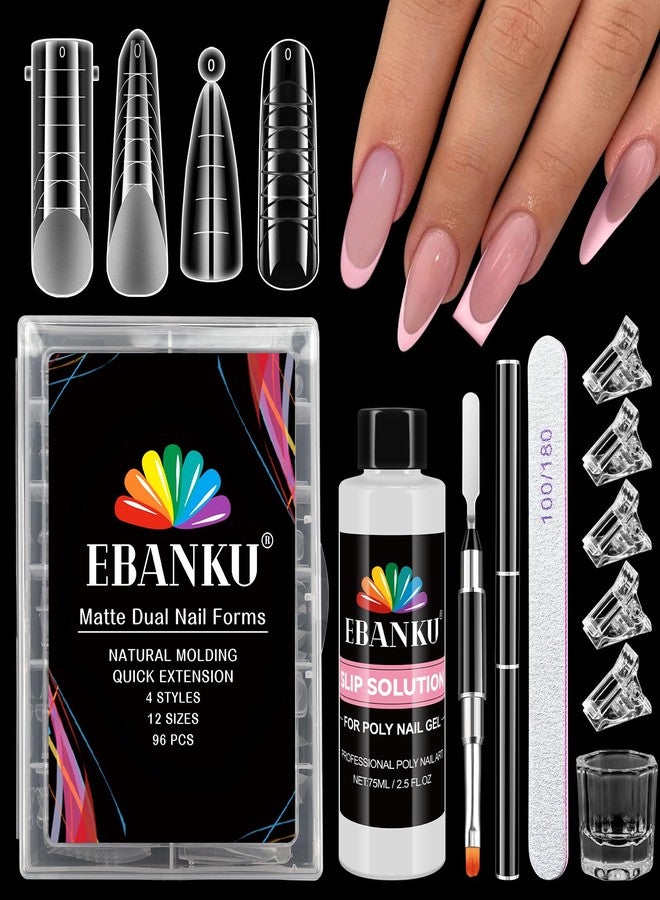 EBANKU Poly Gel Nail Forms - 96PCS Dual Forms for Builder Nail Extension, 4 Style 12 Size Dual Forms Set with 2.5oz Slip Solution, Brush, File, 5PCS Clips - Image 1