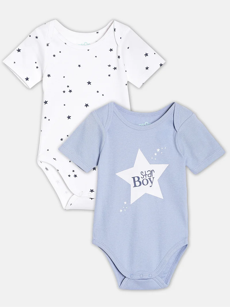 Broon Broon Infant Boys White and Blue Printed Organic Cotton Bodysuit Pack of 2