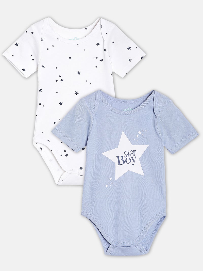 برون طقم بودي سوت قطن عضوي مطبوع للأطفال الرضع من برون - أبيض وأزرق - قطعتين - Image 1