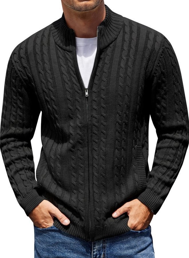 COOFANDY Men's Full Zip Cardigan Sweater Slim Fit Cable Knitted Zip Up Sweater with Pockets Black - Image 1