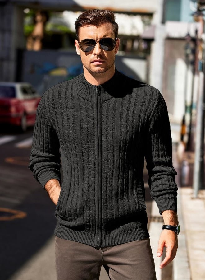 COOFANDY Men's Full Zip Cardigan Sweater Slim Fit Cable Knitted Zip Up Sweater with Pockets Black - Image 2