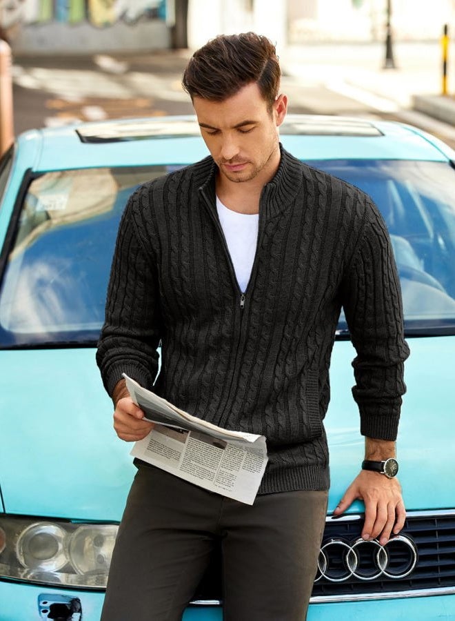 COOFANDY Men's Full Zip Cardigan Sweater Slim Fit Cable Knitted Zip Up Sweater with Pockets Black - Image 3