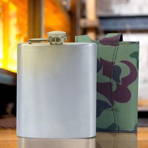 Jonquin Stainless Steel Hip Flask (7OZ) with Army Camouflage Fabric Pouch – (NEW-207 ml) - Image 4