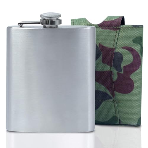Jonquin Stainless Steel Hip Flask (7OZ) with Army Camouflage Fabric Pouch – (NEW-207 ml) - Image 1