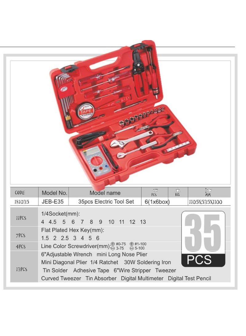 jetechtool Jetech 35-Piece Electric Tool Set, 1/4" Sockets (4–13mm), Hex Keys (1.5–6mm), Screwdrivers, Ratchet, Pliers, Soldering Kit, Multimeter & Accessories with Portable Toolbox Storage Case – JEB-E35 - Image 2