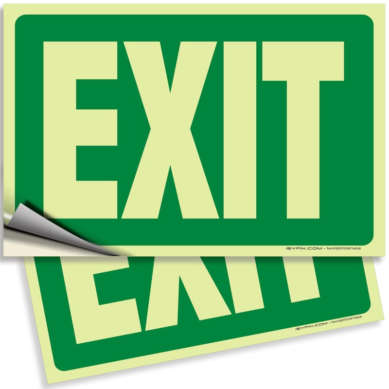 iSYFIX Exit Glow in the Dark Sign Stickers Green â€“ 1 Pack 10x7 Inch â€“ Photoluminescent Vinyl, Laminated for UV, Weather & Fade Resistance, Indoor & Outdoor for Business, School, Office, Warehouse