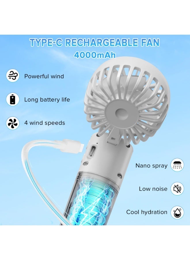 Yakiter Handheld Misting Fan,Yakiter Battery Operated Misting Fan, 4000mAh Rechargeable Mini Hand Held Fan, Foldable, 4 Speed Adjustable, for Outdoor,Office,Travel, Home, Makeup, Camping (White) - Image 3