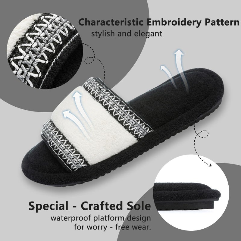 GOEWY Women's Open Toe Slippers with Memory Foam Fuzzy House Slippers Indoor Outdoor Soft Anti-Skid Warm Gifts for Women Mom Black Size 7 8 - Image 3