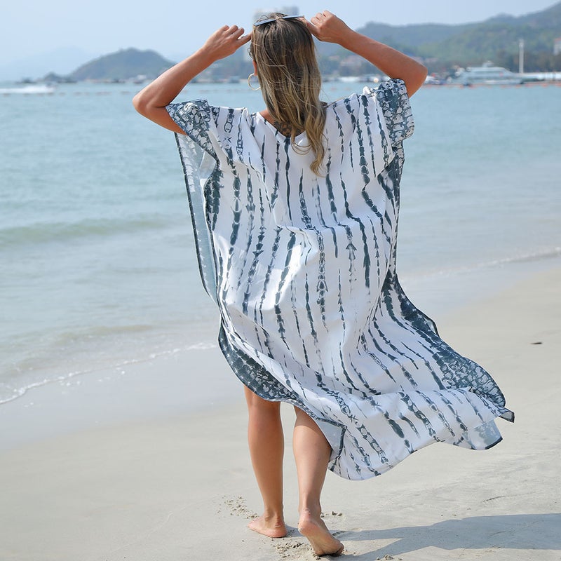 Generic 2024 European and American Beach Blouse Quick-drying Smudged Loose Large Size Vacation Robe Beach Skirt Bikini Sun Protection Shirt White gray 89 