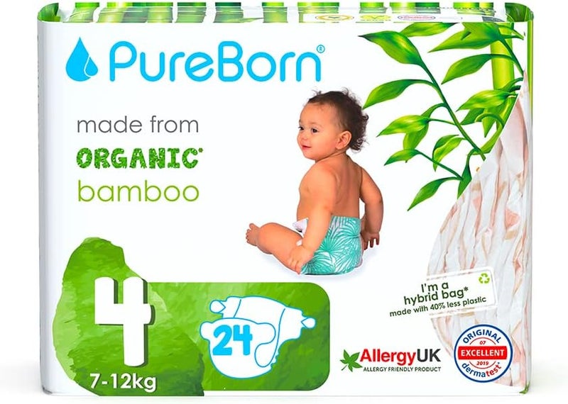 PureBorn عضوي/طبيعي خيزران حفاضات أطفال قابلة للتصرف مقاس 4 | عبوة واحدة | من 7 إلى 12 كجم | 24 قطعة | مطبوعات متنوعة | فائقة النعومة | أقصى حماية من التسرب | أساسيات المولود الجديد - Image 1
