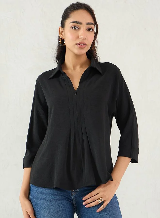 Femmella Femmella Black Pleated Detail Collared Top