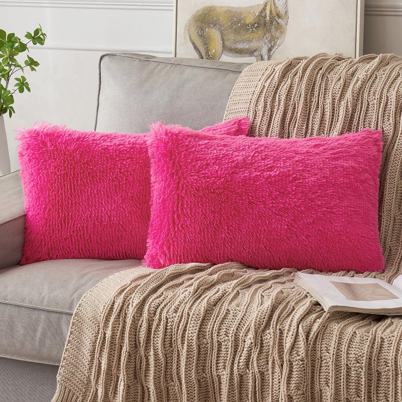ANRODUO Pack of 2 Luxury Faux Fur Series Throw Pillow Covers Decorative Shaggy Fluffy Plush Cushion Case Mongolian Merino Style Pillowcase for Sofa Couch Bed 12 x 20 Inch Christmas Decor Hot Pink