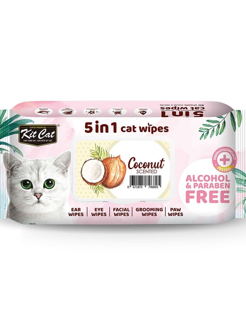 كيت كات مناديل مبلله للقطط برائحة جوز الهند- مناديل مبللة للقطط 5 في 1 لتنظيف الأذن، العين، الوجه، الفرو والكفوف - 80 منديل - Image 1