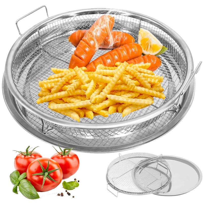 SHREESAMP Air Fry Round Basket With Tray Oil Drain Baking Tool For Oven Crisper Bowl Cooking Chips French Frying Bowl Tray With Handles Food Roasting Grill Basket Dishwasher Safe 33x33x8 CM - Image 2