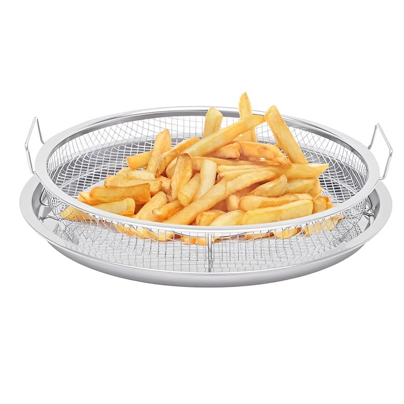 SHREESAMP Air Fry Round Basket With Tray Oil Drain Baking Tool For Oven Crisper Bowl Cooking Chips French Frying Bowl Tray With Handles Food Roasting Grill Basket Dishwasher Safe 33x33x8 CM - Image 1