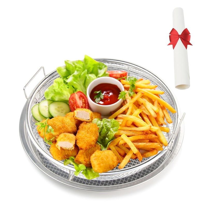 SHREESAMP Air Fry Round Basket With Tray Oil Drain Baking Tool For Oven Crisper Bowl Cooking Chips French Frying Bowl Tray With Handles Food Roasting Grill Basket Dishwasher Safe 33x33x8 CM - Image 3