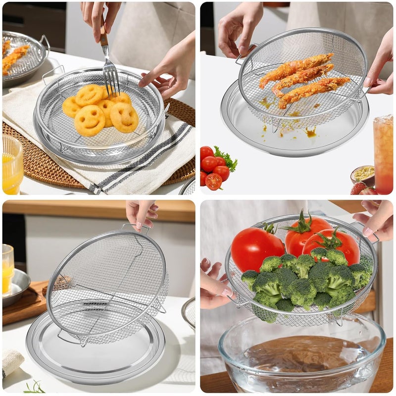 SHREESAMP Air Fry Round Basket With Tray Oil Drain Baking Tool For Oven Crisper Bowl Cooking Chips French Frying Bowl Tray With Handles Food Roasting Grill Basket Dishwasher Safe 33x33x8 CM - Image 4