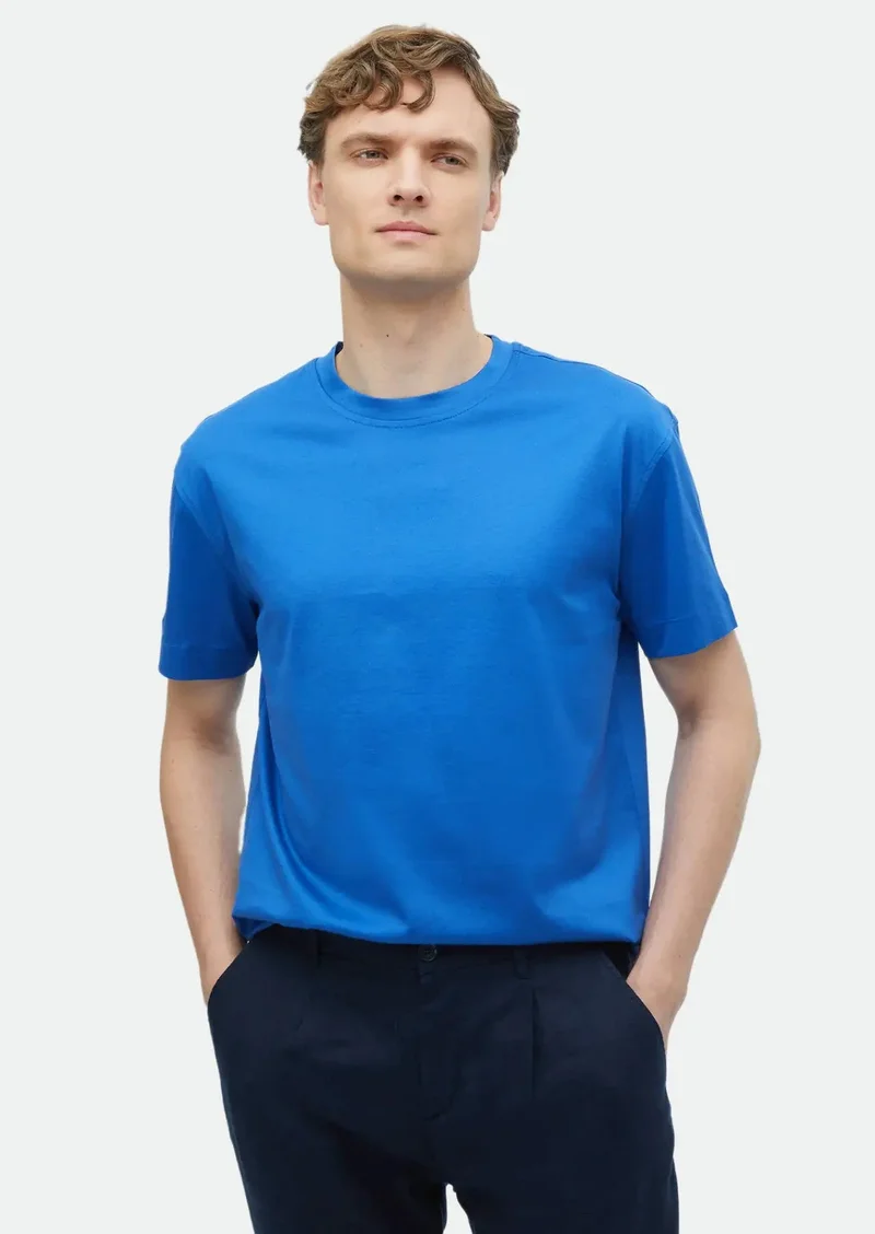 RAMSEY Blue Plain Crew Neck 100% Cotton T-Shirt