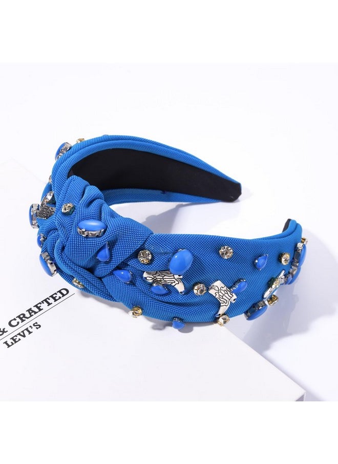 YAHPERN Crystal Knotted Headbands For Women Rhinestone Jeweled Headbands Western Cowboy Boot Embellished Hairbands Vintage Cowgirl Rodeo Outfit Accessories (Blue 2)  - Image 2