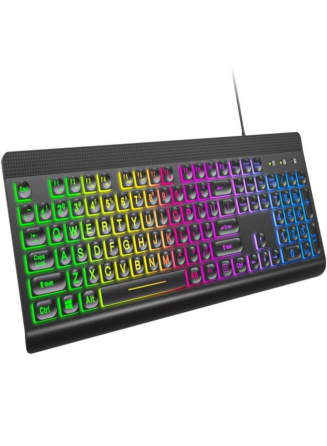 MOWUX Large Print Backlit Keyboard, Multiple Color Rainbow LED Backlit Large Size USB Wired Computer Keyboard, Full Size Multimedia Keyboard for Windows Desktop, Laptop, PC - Image 1