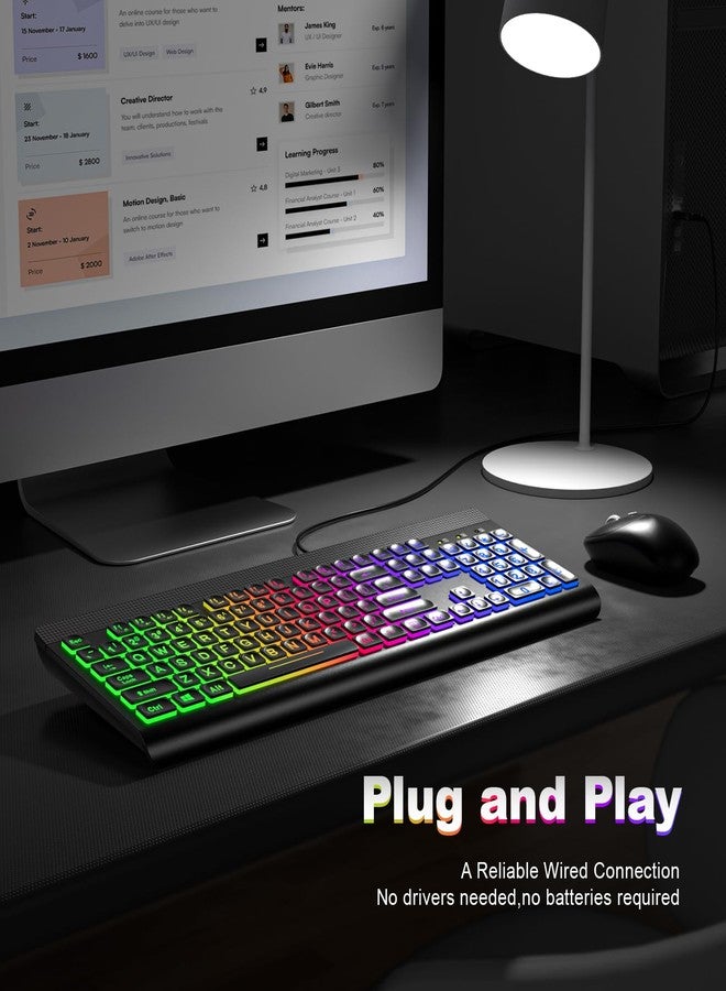 MOWUX Large Print Backlit Keyboard, Multiple Color Rainbow LED Backlit Large Size USB Wired Computer Keyboard, Full Size Multimedia Keyboard for Windows Desktop, Laptop, PC - Image 4