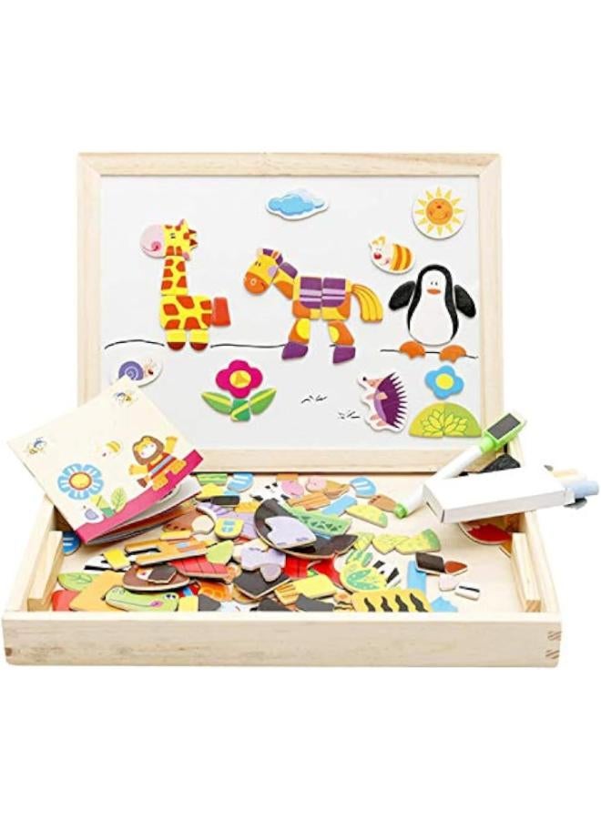 Learning Easel for kids, 3-in-1 Wooden Easel with Magnetic Puzzle Blackboard and WhiteBoard