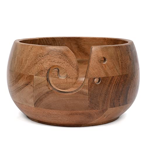 EDHAS Acacia Wood Yarn Bowl Holder | Handmade Holder with Holes | Yarn/Wool/String Storage Accessory (7" x 7" x 4") - Image 2