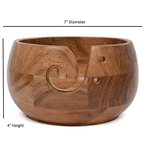 EDHAS Acacia Wood Yarn Bowl Holder | Handmade Holder with Holes | Yarn/Wool/String Storage Accessory (7" x 7" x 4") - Image 5