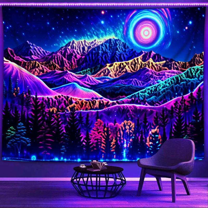 PSYHILAR Blacklight Mountain Tapestry Wall Hanging Black Light Posters for Adults and Teens Forest Nature Landscape UV Sunset for Living Room 59 x 51