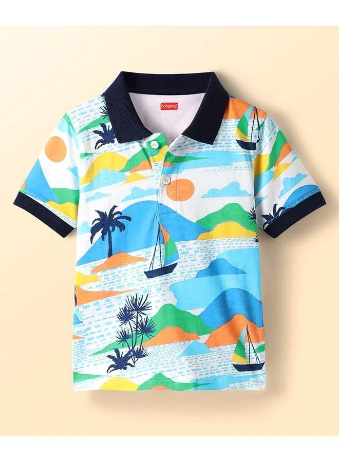 Babyhug Babyhug Single Jersey Knit Half Sleeves Polo T-Shirt and Shorts with Beach Theme Print - Navy Blue