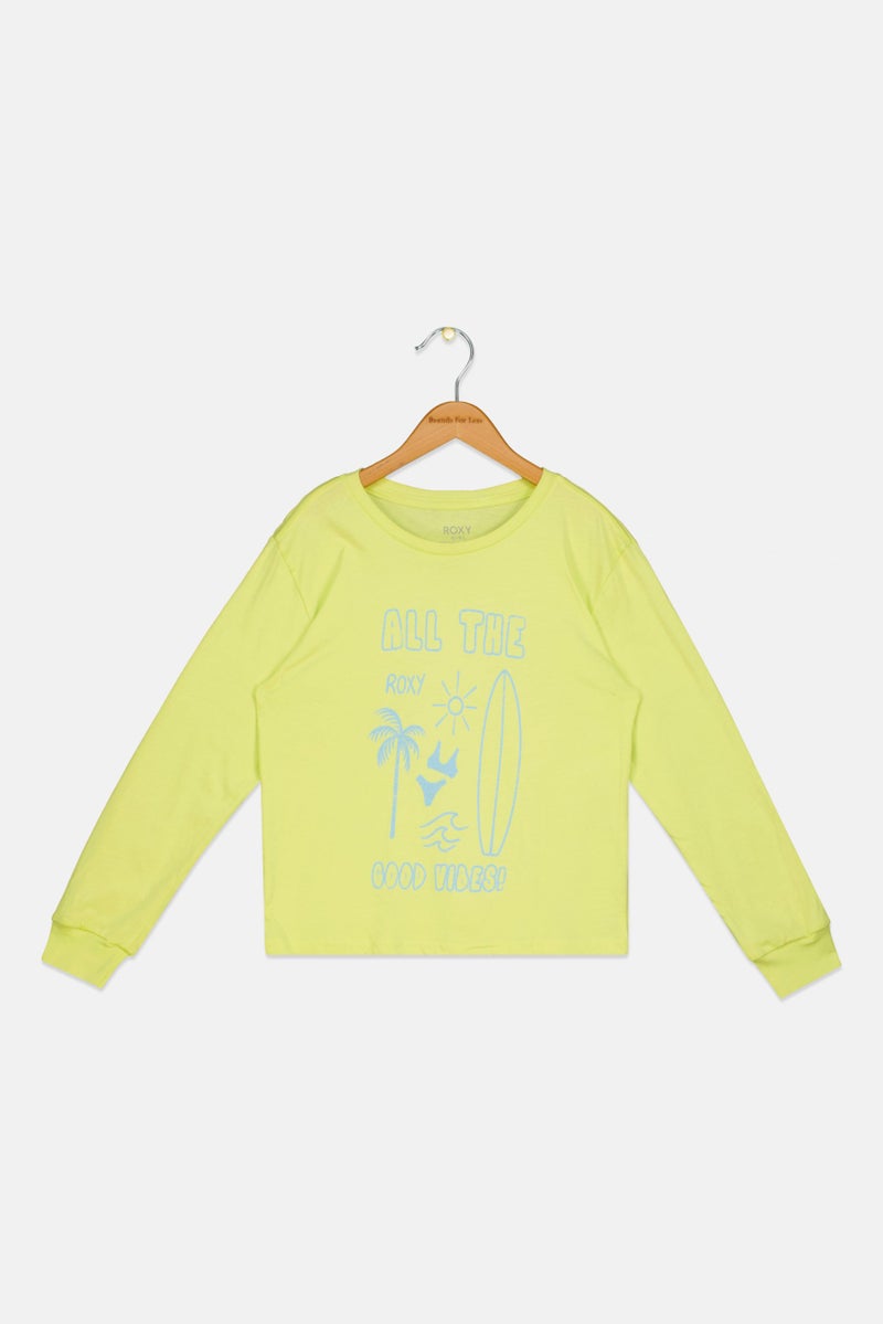 Roxy Kids Girl Graphic Printed Long Sleeve Top, Lime Green - Image 1
