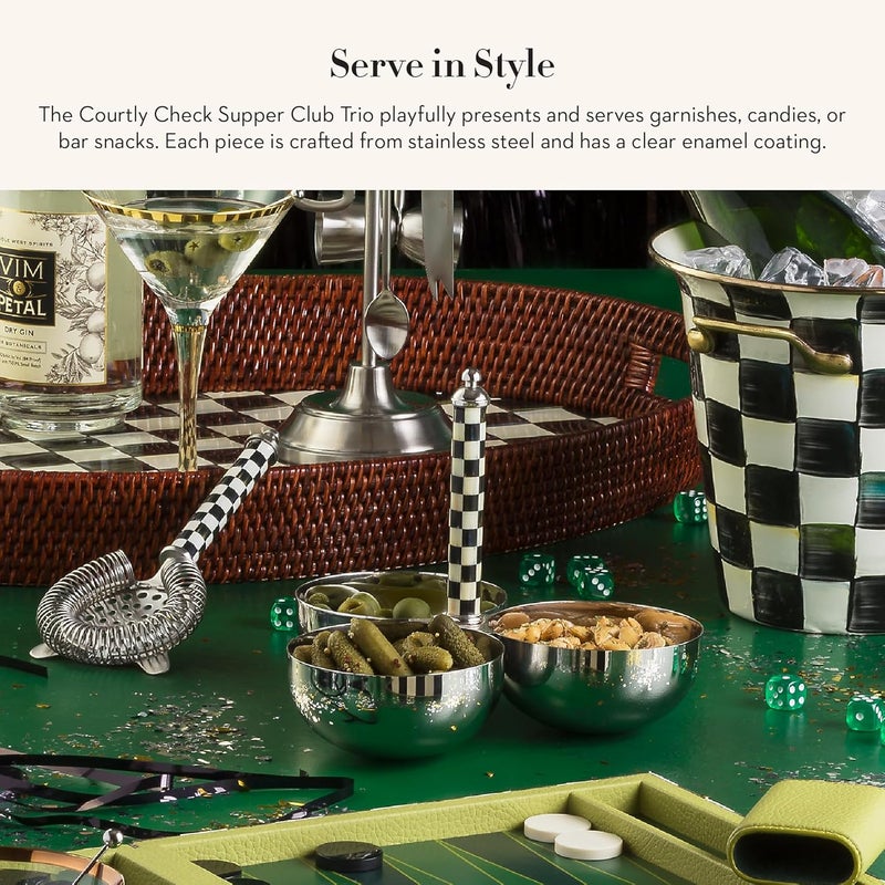mackenzie childs أوعية تقديم ثلاثية من الفولاذ المقاوم للصدأ من MACKENZIECHILDS لنكهات ووجبات خفيفة باللونين الأسود والأبيض بتصميم Courtly Check - Image 2