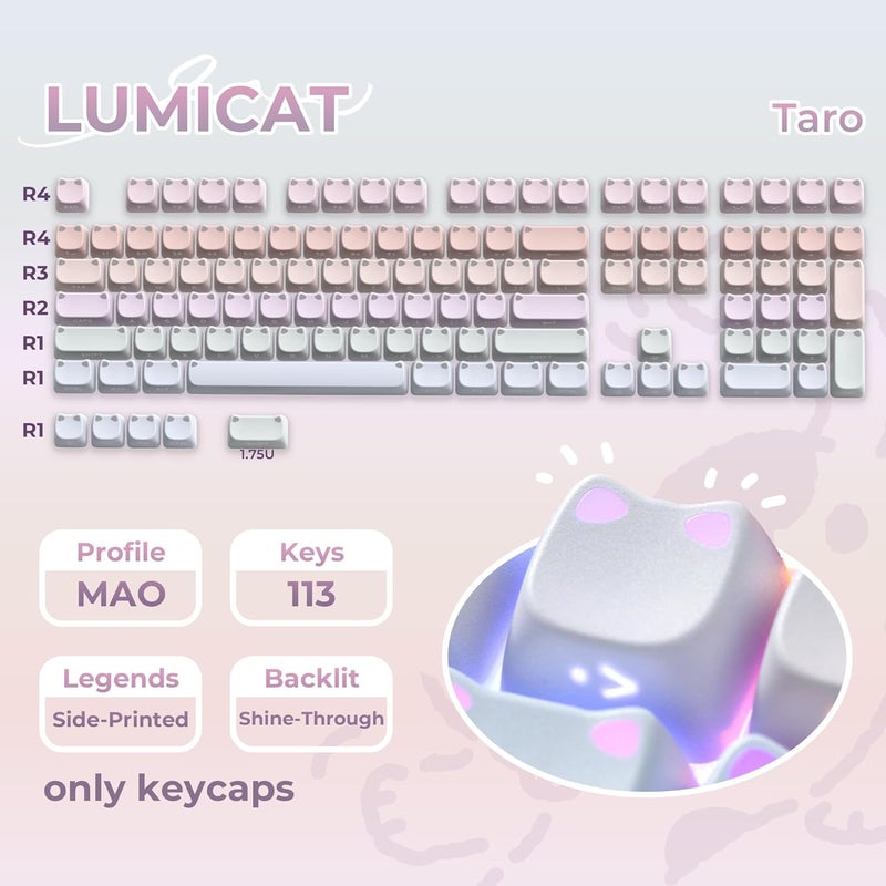 OHY XVX Lumicat Mao Profile PBT Keycaps, 113 Keys Double-Shot Dye-Sublimation Side Printed Taro Keycap Set, Ergonomic Mao Profile Custom Keycaps Compatible with MX Switches Mechanical Keyboard - Image 3