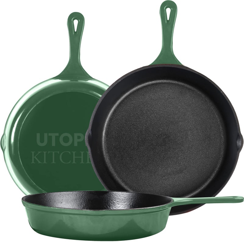 Utopia Kitchen Cast iron Skillets 3 Piece Set, Chefs Pan, Pre Seasoned Cast iron Skillets, 6, 8 & 10 Inches, Easy Use in the Oven, Stove, Grill, or Campfire, Green - Image 1
